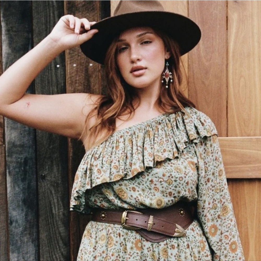 Spell Lady Untamed One-Shoulder Ruffle Floral Mini Dress in Sage and Mustard - Picture 3 of 7